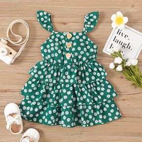 Baby Girl Button Front Floral Print Spaghetti Strap Ruffle Layered Dress