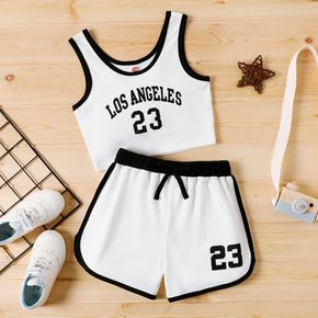 2pcs Kid Girl Letter Number Print Ribbed Colorblock Tank Top and Shorts Sporty Set