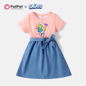 Smurfs Kid Girl Heart Print Belted Denim Splice Short-sleeve Dress