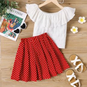2pcs Kid Girl Flounce Off Shoulder White Blouse and Polka dots Pleated Skirt Set
