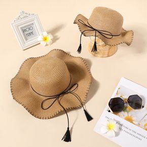 Tassel Bow Decor Wavy Edge Straw Hat for Mom and Me