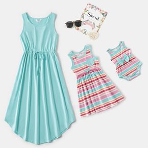 Solid Striped Round Neck Sleeveless Tank Dress for Mom and Me