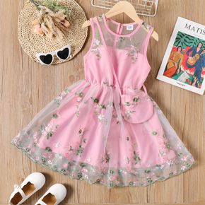 Kid Girl Floral Embroidered Sleeveless Mesh Design Pink Dress (Crossbody bag is included)