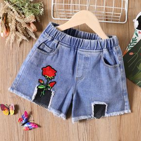 Kid Girl Floral Embroidered Mesh Design Denim Shorts