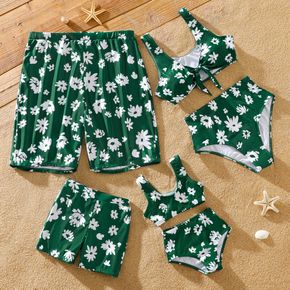 Family Matching All Over Daisy Floral Print Dark Green Swim Trunks Shorts and Two-Piece Bikini Set Swimsuit