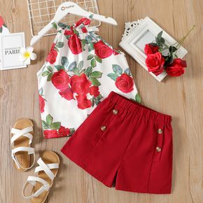 2pcs Kid Girl Floral Print Halter Top and Button Design Red Shorts Set