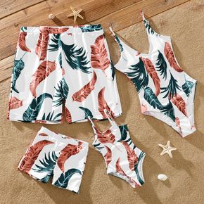 Family Matching All Over Tropical Palm Leaf Print Swim Trunks Shorts and Spaghetti Strap One-Piece Swimsuit