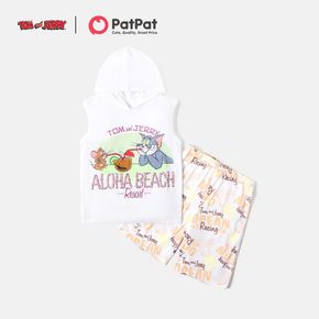 Tom and Jerry 2-piece Kid Boy Letter Print Hooded Sleeveless Tee and Elasticized Allover Print Shorts Set