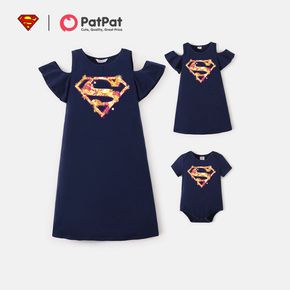 Superman Mommy and Me Dark Blue Graphic Cold Shoulder Ruffle-sleeve Cotton Dresses