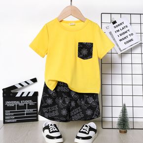 2pcs Toddler Boy Pocket Design Short-sleeve Yellow Tee and Letter Print Black Shorts Set