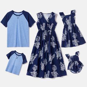 Family Matching Floral Print Blue V Neck Sleeveless Dresses and Short Raglan Sleeve T-shirts Sets