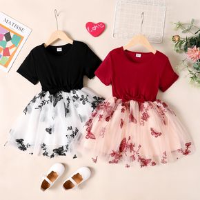 Valentine's Day Kid Girl Bowknot Design Butterfly Embroidered Mesh Splice Short-sleeve Dress
