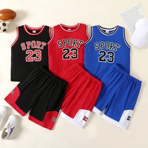 2-piece Kid Boy Letter Number Print Tank Top and Elasticized Shorts Sporty Set