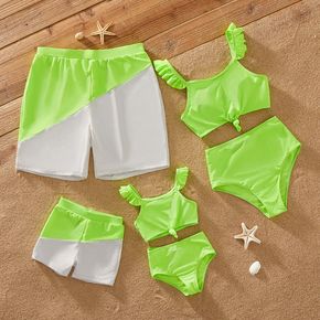Family Matching Fluorescent Colorblock Swim Trunks Shorts and Flutter-sleeve Spaghetti Strap Knot Bikini Set Swimwear