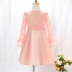 Kid Girl Floral Lace Design Long Bell sleeves Princess Pink Party Dress