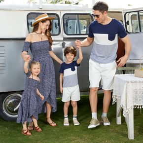 Family Matching Floral Print Off Shoulder Strapless Shirred Dresses and Colorblock Short-sleeve T-shirts Sets