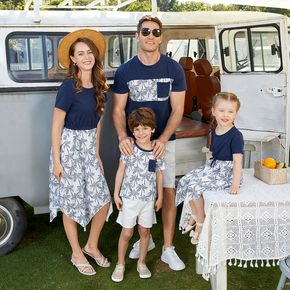 Family Matching Dark Blue Splicing Coconut Print Irregular Hem Short-sleeve Dresses and T-shirts Sets
