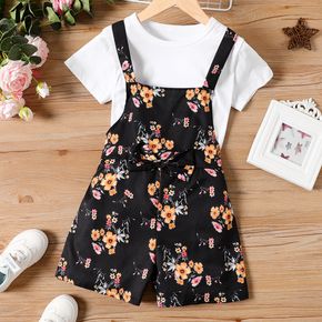 Kid Girl Floral Print Bowknot Design Overalls