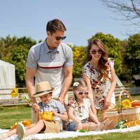 Family Matching Floral Print Cap Sleeve Pleated Top and Colorblock Short-sleeve Polo Shirts
