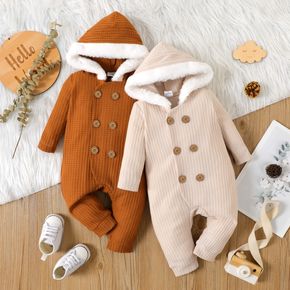 Baby Boy/Girl Solid Waffle Double Breasted Long-sleeve Faux Fur Hooded Jumpsuit