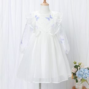 Kid Girl Butterfly Sequin Design Ruffled Mesh White Princess Long-sleeve Dress