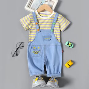 2pcs Stripe Print Short-sleeve Pink or Yellow T-shirt Top and Denim Embroidery Decor Blue Overalls Pants Toddler Set