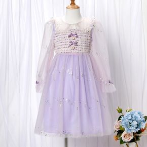 Kid Girl Tweed Mesh Splice Glitter Design Long-sleeve Party Dress