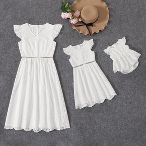 100% Cotton White Hollow Out Floral Embroidered V Neck Flutter-sleeve Dress for Mom and Me