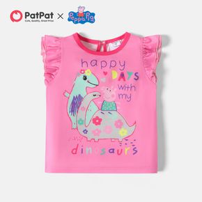Peppa Pig Toddler Girl Letter Dinosaur Print Flutter-sleeve Pink Tee