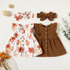 2-teiliges Baby-Mädchen-Kleid aus 100 % Baumwolle, einfarbig/Blumendruck, ärmelloses Rüschen-Knopfkleid mit Stirnband-Set