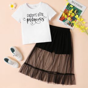 2pcs Kid Girl Letter Print Short-sleeve White Tee and Mesh Design Black Shorts Set