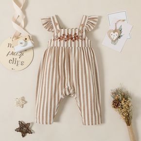 100% Cotton Baby Boy Floral Embroidered Striped Ruffle Overalls