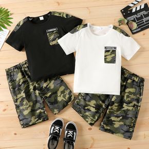 2-piece Kid Boy Camouflage Print Colorblock Short-sleeve Tee and Elasticized Shorts Set