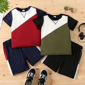 2-piece Kid Boy Casual Colorblock Short-sleeve Tee and Elasticized Shorts Set