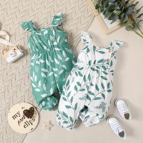 Baby Girl All Over Leaf Print Button Up Flutter-sleeve Overalls