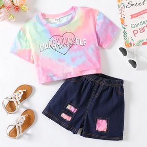 2-piece Kid Girl Letter Print Tie Dyed Short-sleeve Tee and Ripped Denim Shors Set