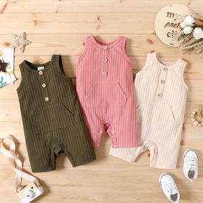 Baby Boy/Girl Button Front Solid Ribbed Sleeveless Romper with Pocket