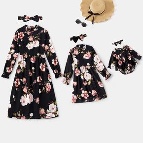 All Over Floral Print Black Stand Collar Ruffle Long-sleeve Dress for Mom and Me