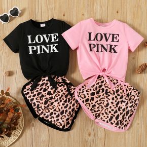 2pcs Toddler Girl Letter Print Tie Knot Short-sleeve Tee and Leopard Print Bowknot Design Shorts Set