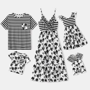 Family Matching Stripe Splicing Plant Print Spaghetti Strap V Neck Ruffle Dresses and Short-sleeve T-shirts Sets