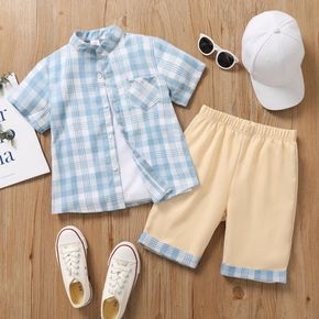 2-piece Kid Boy Plaid Button Design Short-sleeve Tee and Colorblock Shorts Set