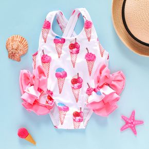 Baby Girl Allover Ice Cream Cone Print Pink Bowknot Ruffle Sleeveless One-Piece Swimsuit
