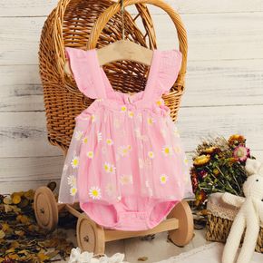 100% Cotton Crepe Baby Girl Pink Flutter-sleeve Daisy Print Mesh Romper