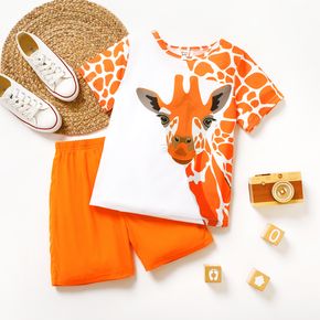 2-piece Kid Boy Animal Giraffe Print Colorblock Short-sleeve Tee and Orange Shorts Set