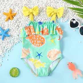 Baby Girl Bowknot Spaghetti Strap Sea Animals Print Ruffle One-Piece Swimsuit