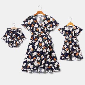 All Over Floral Print Cross Wrap V Neck Ruffle-sleeve Dress for Mom and Me