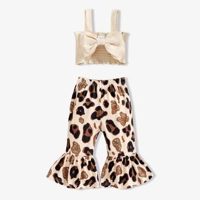3pcs Baby Girl 95% Cotton Ribbed Shirred Bowknot Sleeveless Crop Top and Leopard Bell Bottom Pants with Headband Set