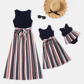 Solid and Stripe Splicing V Neck Tank Dresses for Mom and Me