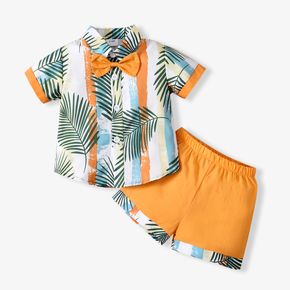 2pcs Baby Boy Tropical Plant Print Short-sleeve Bow Tie Shirt and Shorts Set