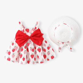 100% Cotton 2pcs Baby Girl All Over Red Strawberry Print Sleeveless Bowknot Dress with Hat Set